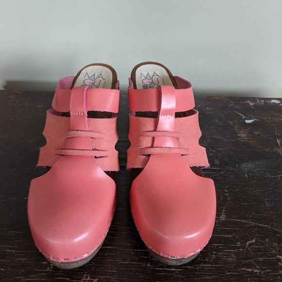 Coral Pink Maguba Leather and Wood Clogs - Picture 2 of 10
